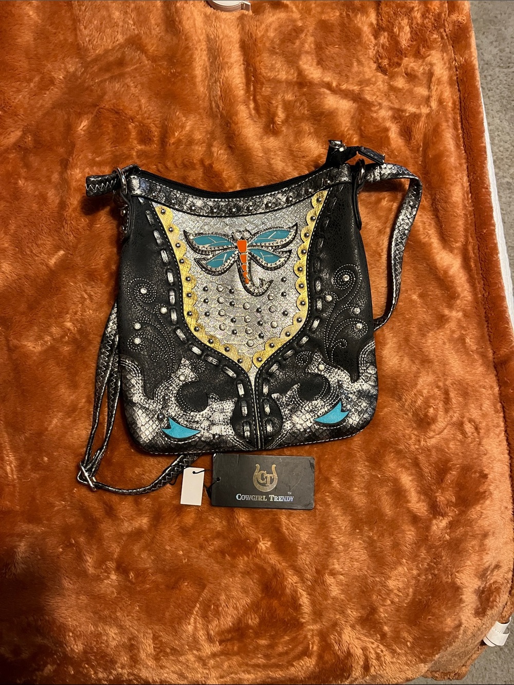 Cowgirl Trendy Black Crossbody Bag with Turquoise and Orange Dragonfly Accent
